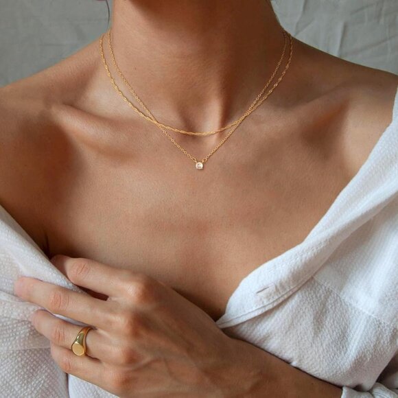 Gold Pendant for Women Diamond 14K Gold Plated Paperclip Choker Necklaces Open O - Picture 3 of 6